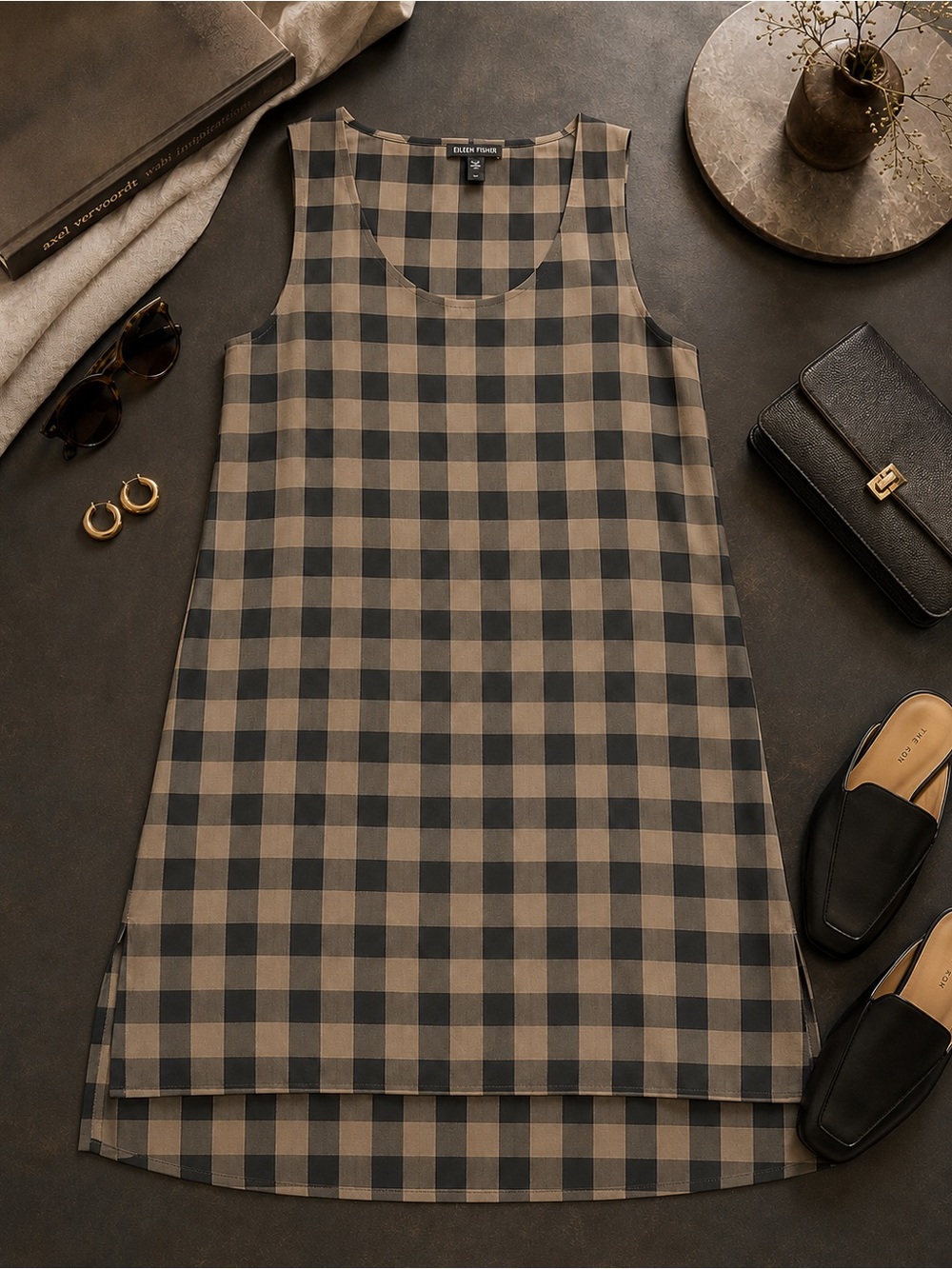 NWOT Eileen Fisher Silk Buffalo Check Tunic Dress S/P Taupe Black Quiet Luxury